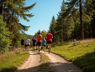 Group of runners in a charity event on a scenic forest trail