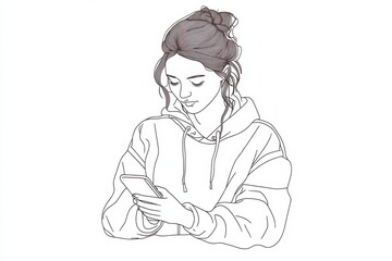 Fototapeta premium One-line Drawing Style: A woman holding a smartphone in her hand and reading news on social media A simple drawing with black lines on a white background Generative AI