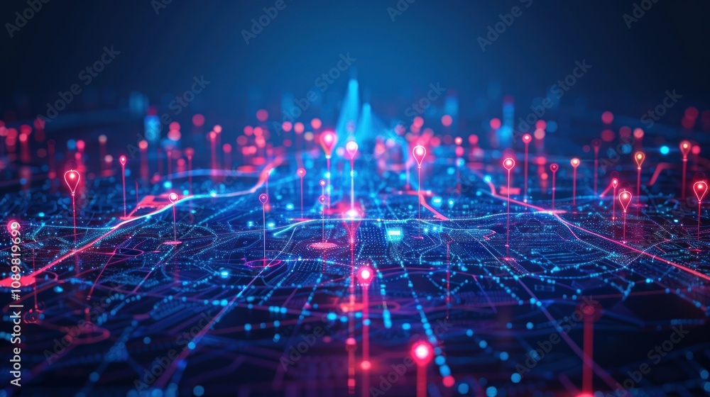 Poster a digital representation of a city with glowing lines and dots, depicting data flow and connectivity