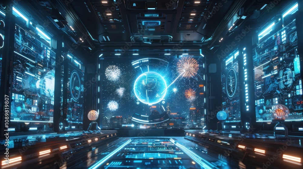Poster futuristic spaceship interior with glowing screens displaying data and a holographic globe.