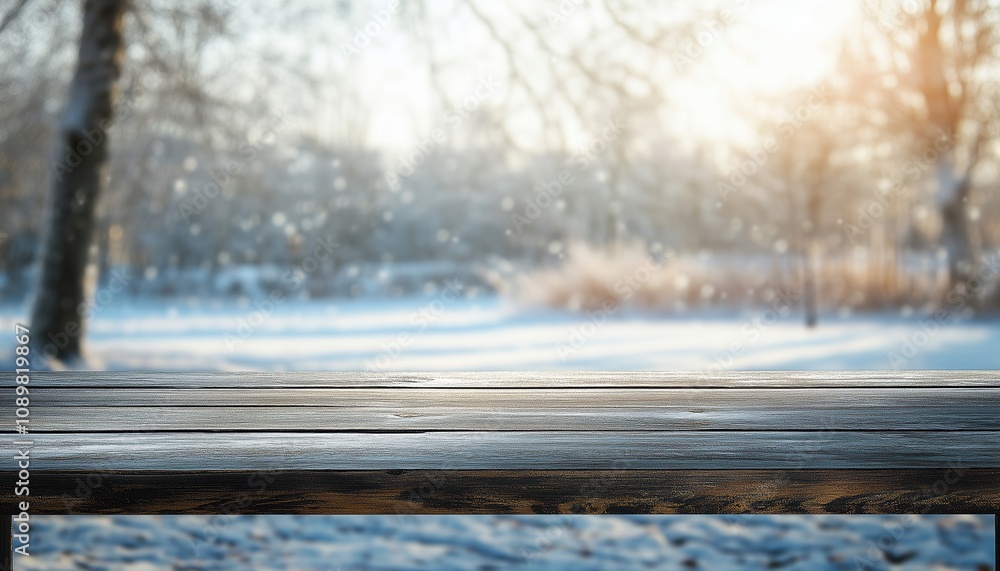 Poster wooden table on display in front of a blurry winter festival background with empty space for your de