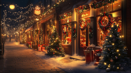 Fototapeta premium Illuminated Christmas Street with Decorations and Moonlight 