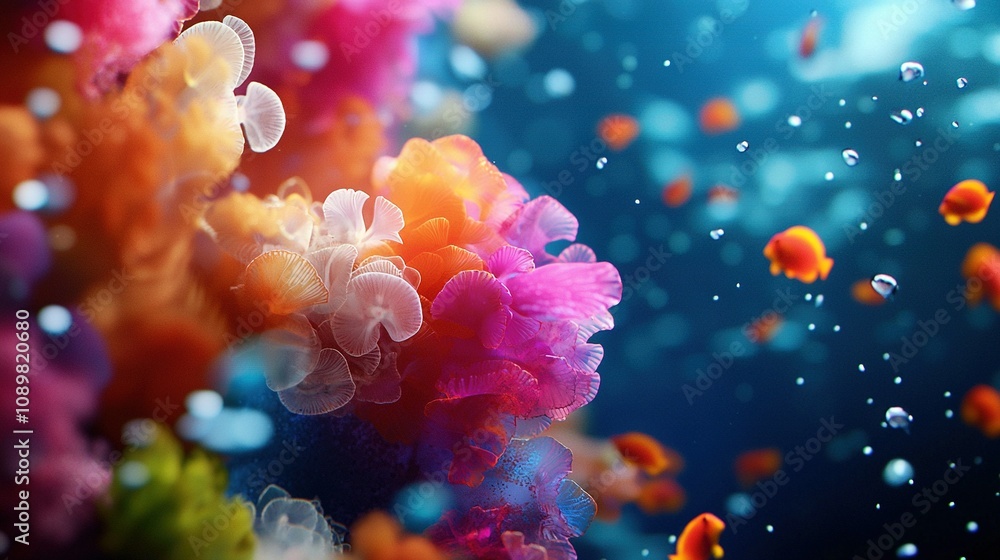 Poster a macro shot of a group of jellyfish floating in a bubble-filled aquatic environment, showcasing the