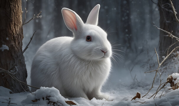 A rabbit in a winter forest surrounded by sparkling snow.