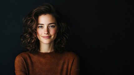 Fototapeta premium A close-up of someone wearing a brown sweater and smiling into the camera against a black backdrop