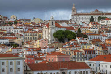 Panoramic Exposure done from a Cruise ship in the Cruise Ship terminal in Lisbon, of the Alfama neighborhood upon departure on the tagus river, Portugal