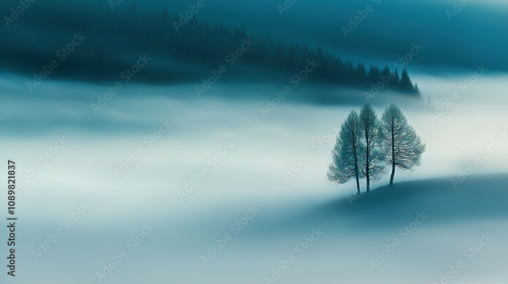 Poster a hazy terrain featuring two trees in close proximity and a deep azure atmosphere with wispy white c