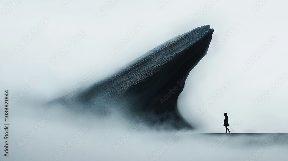 Poster a man stands before a massive black object amidst a foggy field with another person positioned ahead