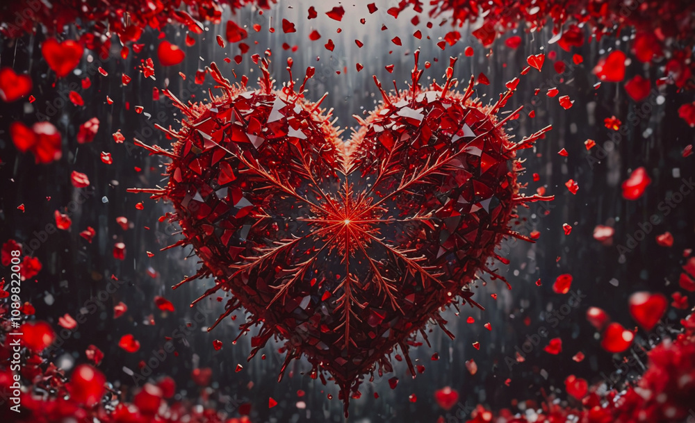 Aufkleber a heart made of red pieces of paper is falling from the sky. the heart is surrounded by red snowflak