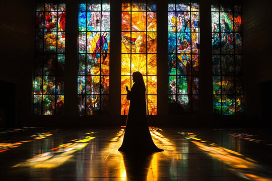 Devotional scene with nossa senhora statue silhouette against stained glass windows.