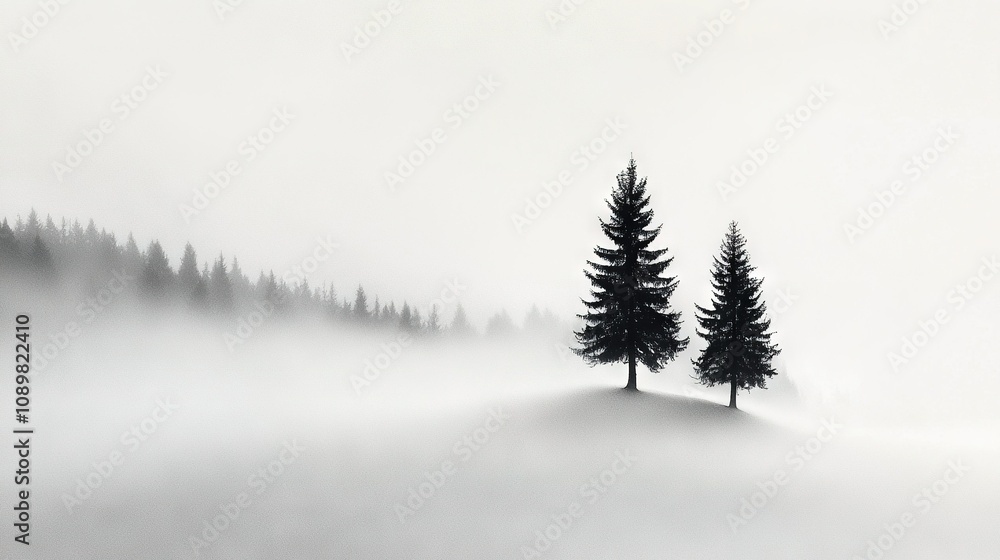 Poster a monochrome picture of two trees standing in front of a hazy backdrop featuring a distant hill
