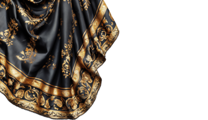 Elegant black and gold scarf draping style
