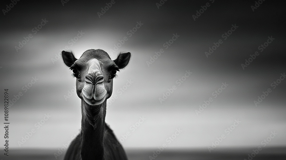 Poster a monochrome image of a giraffe gazing directly at the lens with a hazy sky as its backdrop