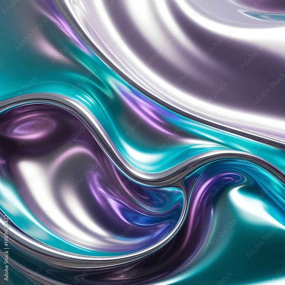 Poster swirling patterns of iridescent colors reflecting light in fluid motion at an artistic display