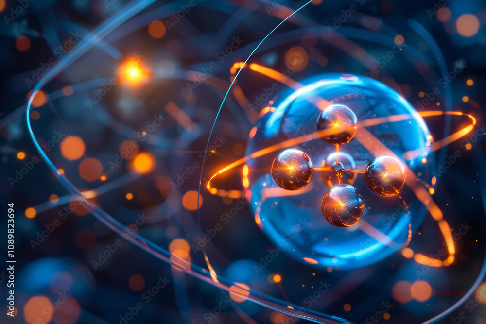 Poster this illustration depicts an atom with orbiting electrons illuminated in blue and orange hues, creat