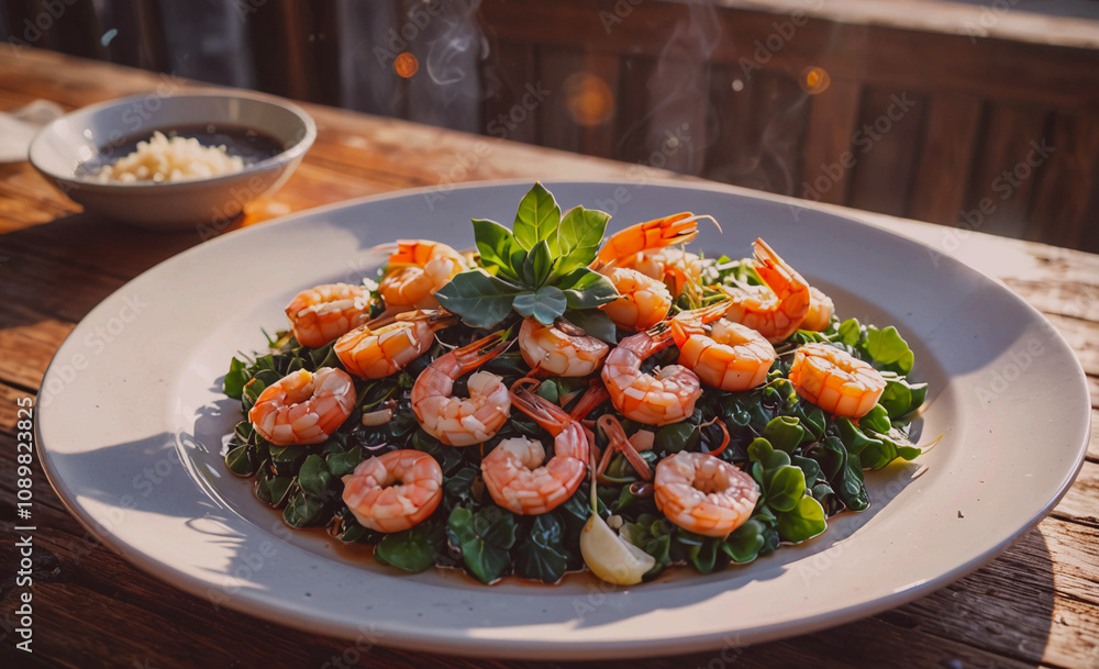 Poster a plate of shrimp and greens sits on a wooden table. the shrimp are arranged in a way that makes the