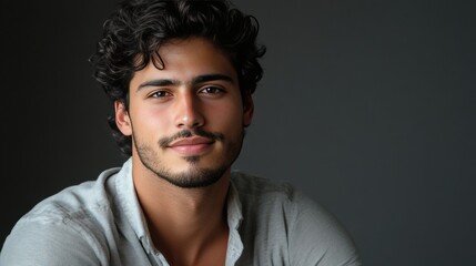 Fototapeta premium Portrait of a Young Man with Curly Hair Against a Dark Background