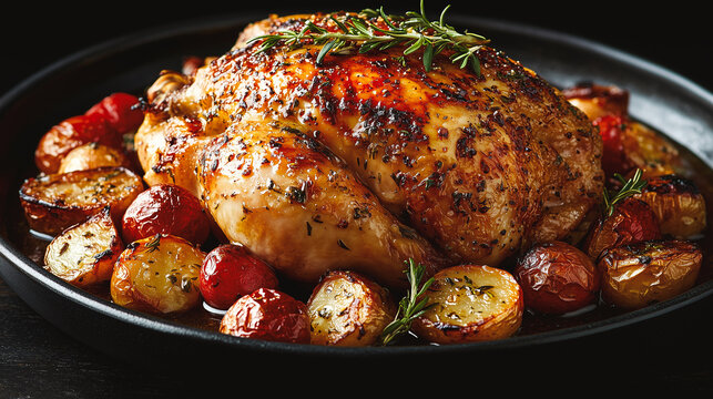Perfectly roasted golden chicken served with tender potatoes and cherry tomatoes in a rustic setting