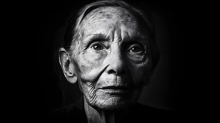 Expressive Black and White Portrait of Elderly Woman  
