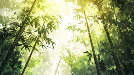 Naklejka premium Serene bamboo forest, nature background wallpaper, anime illustration drawing. Lush Bamboo Forest. Illustration