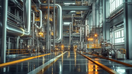 Fototapeta premium Industrial Plant Interior Showing Extensive Piping And Machinery