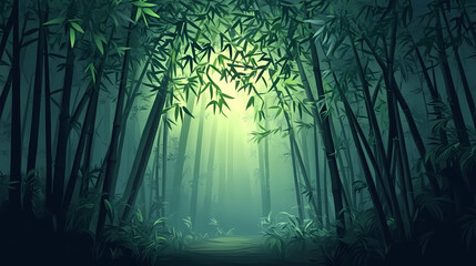 Obraz premium Creepy dark bamboo forest with mysterious light. Lush Bamboo Forest. Illustration