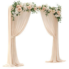 Elegant draped fabric wedding arch with flowers, isolated on transparent cutout background