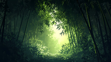 Fototapeta premium Creepy dark bamboo forest with mysterious light. Lush Bamboo Forest. Illustration