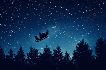 Silhouette of Santa and his sleigh flying across a starry night sky