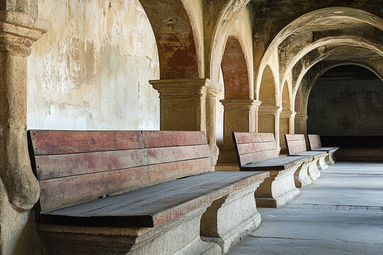 Historic plaza de toros interior architecture detail, showing weathered wooden seats and stone arches.