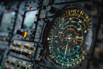 Obraz premium The detailed instrument panel showcases various radar readings and navigation indicators utilized by pilots in a commercial aircraft during flight