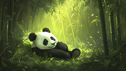 A panda bear rests in a lush green bamboo forest. Lush Bamboo Forest. Illustration