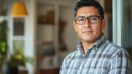 Obraz premium Confident Hispanic Man in Casual Attire Posing Indoors with Natural Light