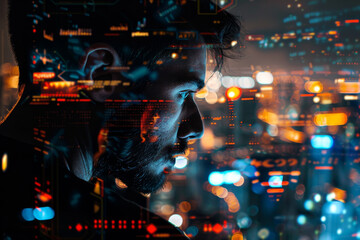 Fototapeta premium The individual is deep in thought, surrounded by vibrant city lights and a graphic display of digital data, conveying a blend of nature and technology in an urban landscape