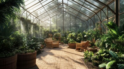 In the garden yard close to the villa is a lovely glass greenhouse building. Inside are wicker rattan chairs. several containers filled with various plants. Plant seedlings are grown in a greenhouse. 