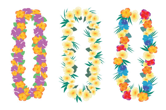 Fototapeta Set of beautiful tropical flower necklaces in cartoon style. Vector illustration of traditional bright necklaces of plumeria, hibiscus, green leaves isolated on white background. Hawaiian jewelry.