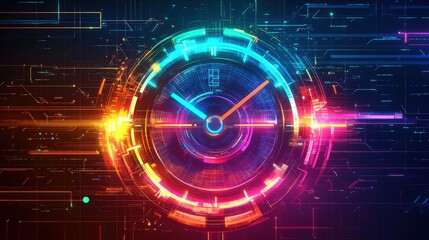 Obraz premium Neon Clock Face with Digital Circuitry