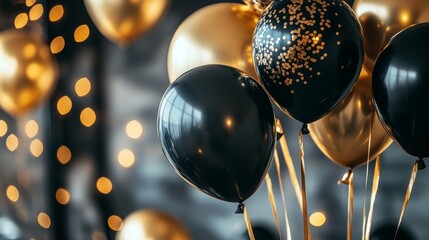 Obraz premium Black and gold balloons with ribbons in a New Year's Eve party room, generative ai