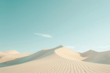 Endless golden sand dunes rise gently against a clear blue sky, creating a tranquil desert landscape illuminated by the soft light of late afternoon