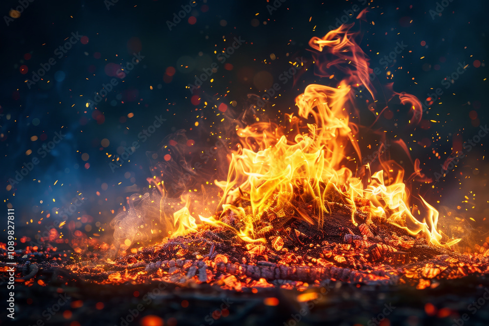 Poster the scene features a mesmerizing display of flames licking at the air, surrounded by glowing embers 