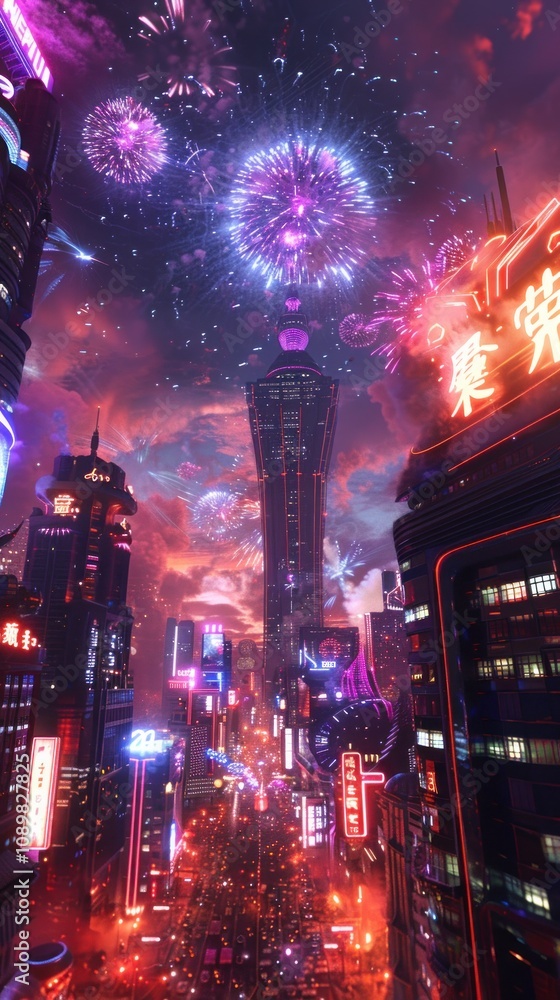 Poster a futuristic cityscape with fireworks exploding over a tall building with neon signs.