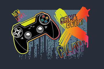 Gamepad poster with text Game over, new level. Grey background and digital elements. Cross sign spray paint ink, splatters. Tee print with gamepad. T shirt design for boy © Kseniia Koval
