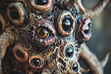 A detailed sculpture features a grotesque creature adorned with numerous eyes, showcasing an imaginative design in an urban art gallery during an event celebrating unique artistry