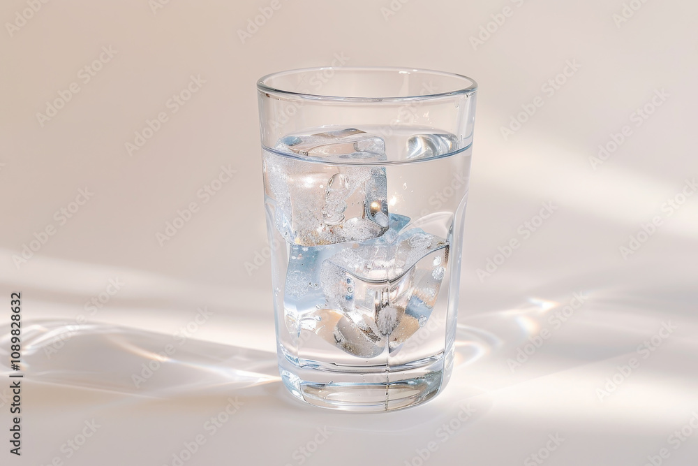 Poster a clear glass is filled with ice cubes and water, creating sparkling reflections on a light-colored 
