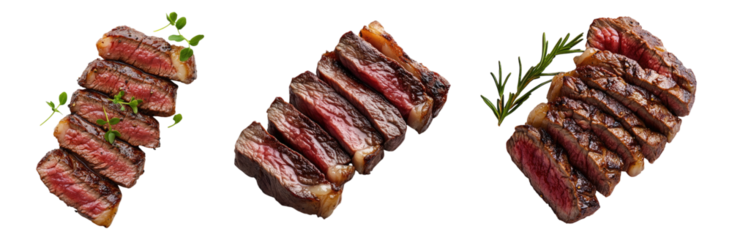 Ribeye steak slice isolated on transparent background, Set of