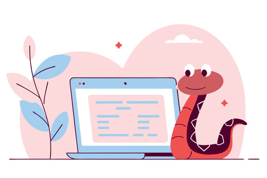 Vector illustration of cute python coding on the laptop