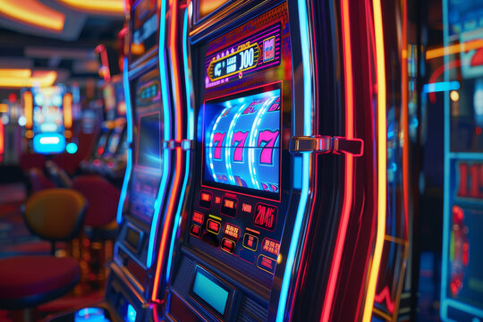 Vibrant slot machines glow brightly in a lively casino setting at night, showcasing colorful graphics and attracting players eager to win