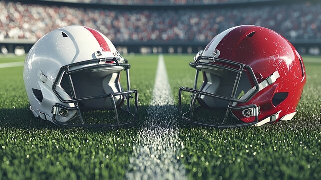 on a green football field lie two football helmets, one red, the other white, located opposite each other