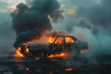 Flames engulf an abandoned car, creating a dramatic backdrop of thick smoke in an industrial setting at dusk, illuminated by the fire's glow