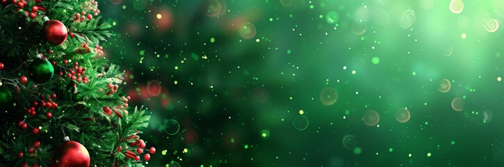 Christmas tree banner with red and green ornaments stands against a blurred background of bokeh festive lights, creating a banner-like composition suitable for web design or advertising.